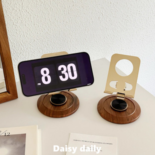 ins高级感复古木纹手机支架360度旋转桌面手机追剧支架金属直播架