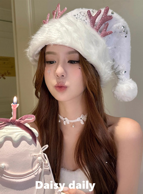 白色雪花鹿角圣诞帽子女2025新款生日拍照道具节日穿搭装扮头饰
