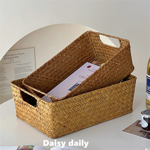 日式 桌面收纳盒手工编织收纳筐长方形ins茶几零食书桌杂物收纳篮