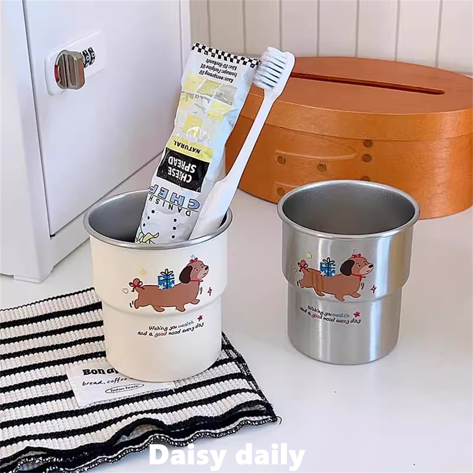 可爱腊肠狗漱口杯家用牙刷杯子洗漱杯情侣学生宿舍不锈钢牙具牙杯