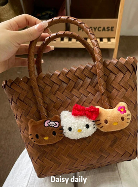 新款小众黑皮猫咪高颜值仿藤编编织手提包ins风轻便携式出游小包