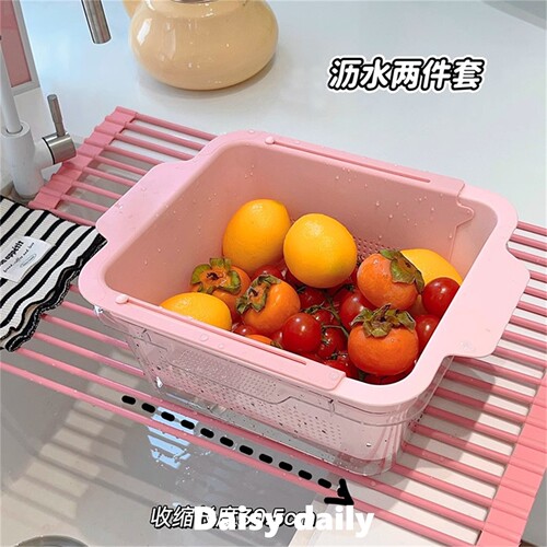 厨房洗菜篮沥水双层镂空水果盆家用洗菜盆子水槽可伸缩洗水果蔬菜