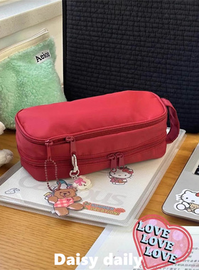 小红书新款笔袋黑色红色手提透明隔层学生简约笔盒大容量收纳包