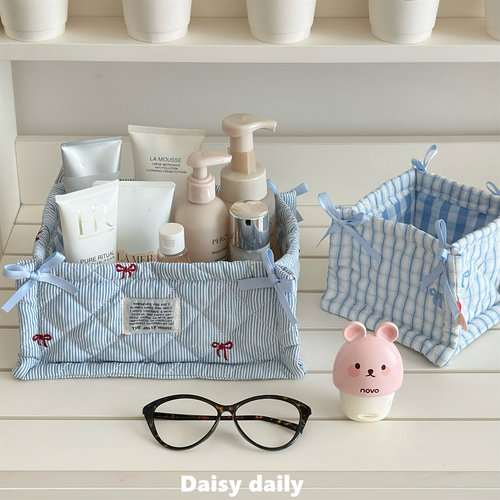 桌面收纳筐方形手工条纹绗缝新款整理盒布艺杂物收纳玄关大容量筐