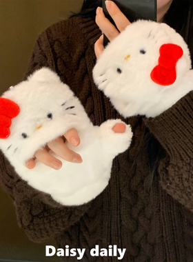 经典蝴蝶结猫咪手套白色秋冬学生骑行便携防风可爱时尚挂脖手套