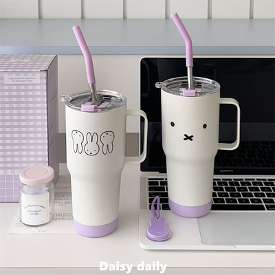 兔子保温杯女军训校园大容量便携式水杯带把手吸管杯便携食品级杯