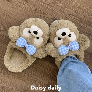 女可外穿 可爱居家用软底包跟毛毛拖鞋 可爱蝴蝶结小熊棉拖鞋 女冬季