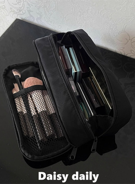 黑色分区化妆包女大容量便携式旅行洗漱包化妆刷收纳包学生笔袋