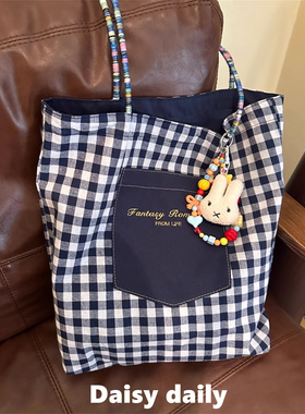 蓝色格子帆布包大容量便携韩系慵懒风通勤外出百搭手提单肩托特包