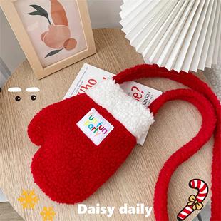 自制可爱手套毛绒包圣诞跨年小包大红色毛绒冬款 斜挎手机包亲子包