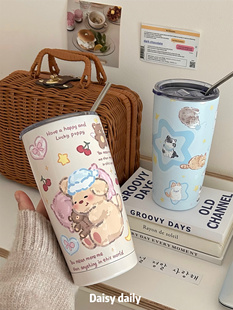 韩式晚安小熊猫咪大容量保温杯304不锈钢吸管杯高颜值便携咖啡杯