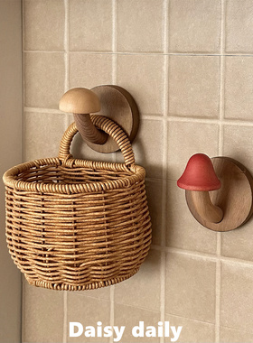 可爱蘑菇实木挂钩免打孔粘钩高颜值创意墙面衣钩门后玄关衣帽钩子