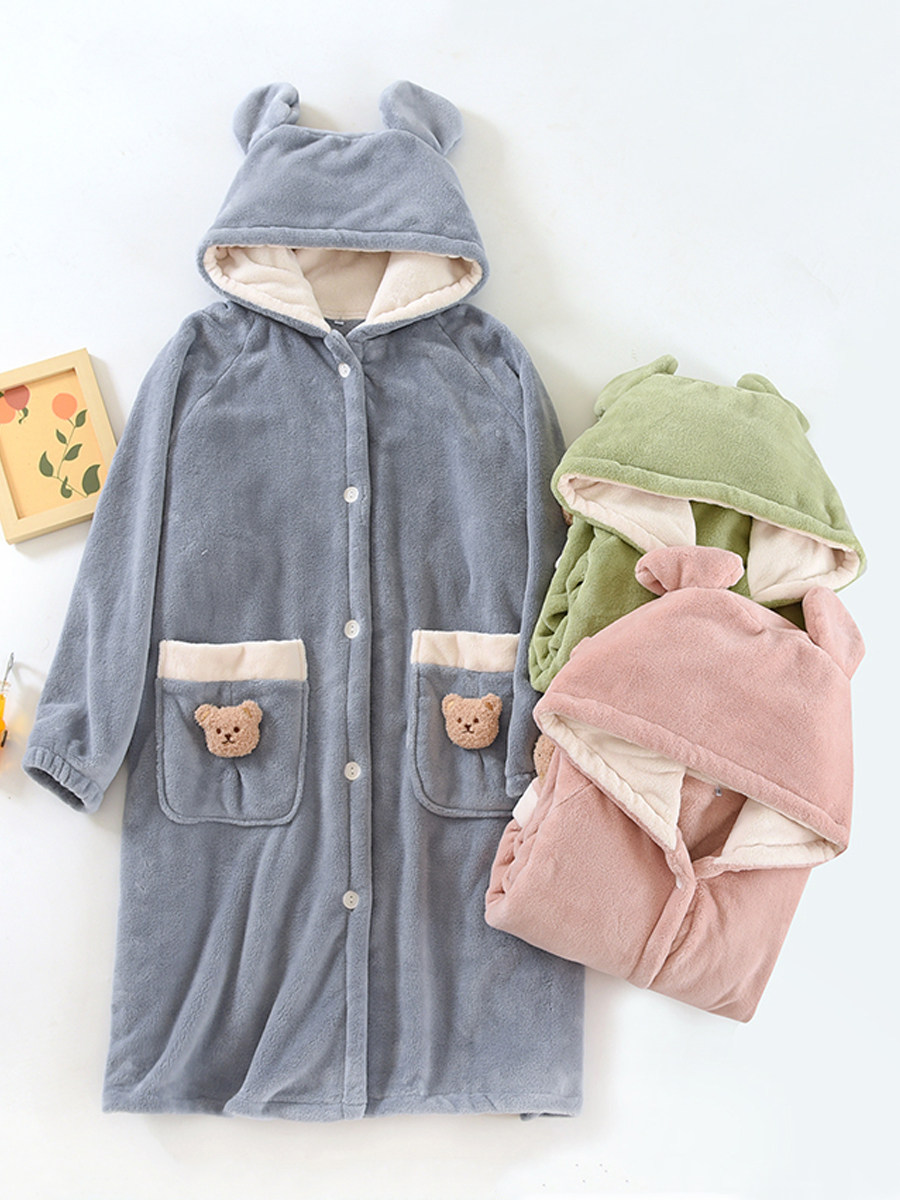 가을과 겨울 여성용 일본 잠옷 두꺼운 따뜻한 산호 벨벳 귀여운 잠옷 플란넬 출산 스커트 후드 홈 스커트