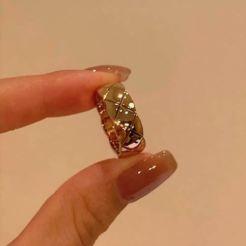 中古镶钻菱格宽戒指小香风轻奢气