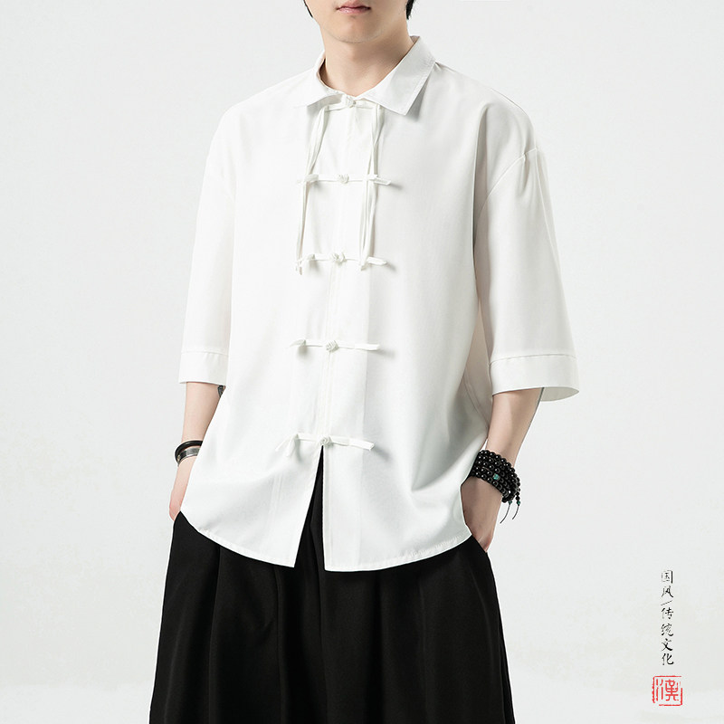 新中式白底夏季2026汉服冰丝短袖衬衫/衬衣A891-p65,男装T恤,钱塘7008(原4008)
