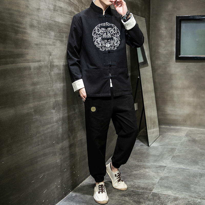 A1002风2021圆刺绣棉麻盘扣/唐装/汉服套装，男装民族服装，钱塘7008(原4008)
