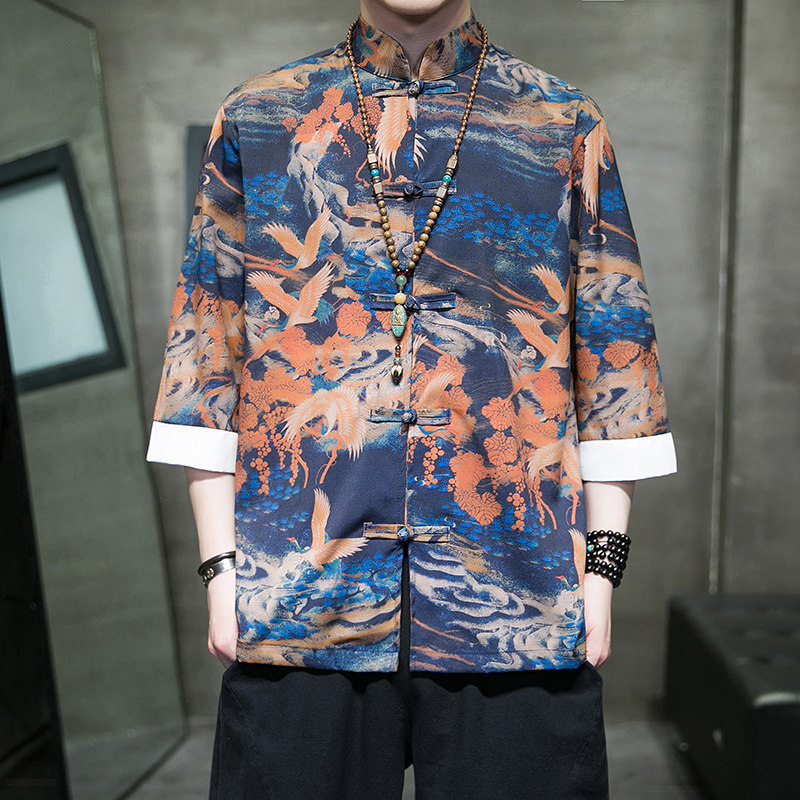 风2026抗皱冰丝夏季盘扣新汉服短袖衬衫/衬衣A878*p60,男装T恤,钱塘7008(原4008)