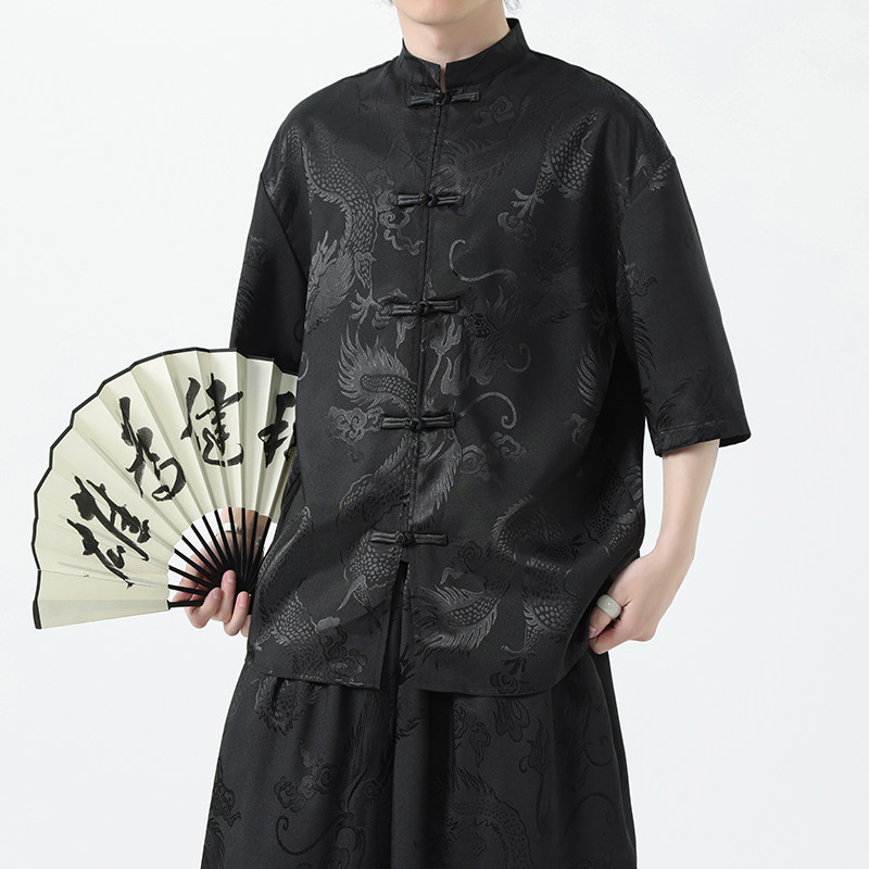 现货新款冰丝款提花龙夏2025团购新中式短袖衬衫/衬衣A669*p55,男装衬衫,钱塘7008(原4008)