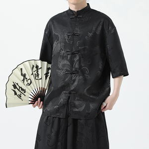 现货新款冰丝款 提花龙夏2025 团购新中式短袖衬衫/衬衣A669*p55图片
