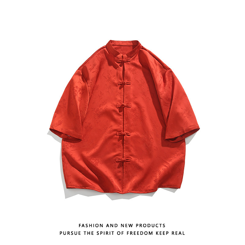 麦穗提花夏季新品2025风汉服短袖衬衫/衬衣A677-p65,男装衬衫,钱塘7008(原4008)
