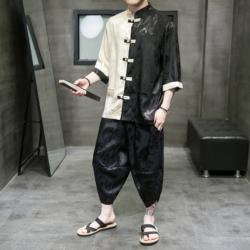 A3019*爆款大码2021中国风大龙面料冰丝对拼开衫汉服套装p90，男装休闲套装，钱塘7008(原4008)