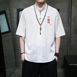 现货特P50冰丝白色 V领  风夏2026 汉服 男士短袖T恤A861图片