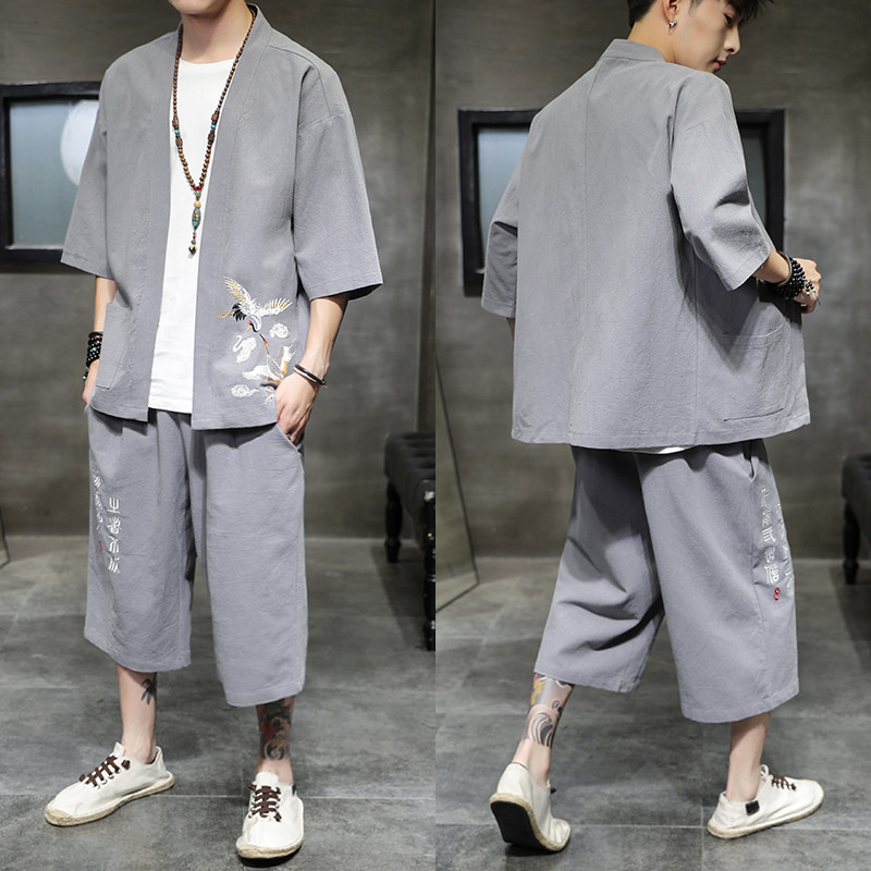 夏款男2026大码风刺绣开衫套装汉服套装特价A1070-p80,男装休闲套装,钱塘7008(原4008)