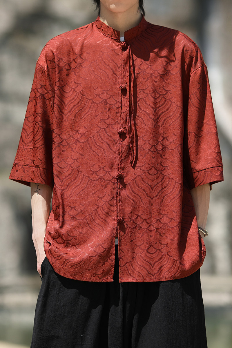 夏祥云2025冰丝2色风汉服短袖衬衫/衬衣A665-p65,男装T恤,钱塘7008(原4008)