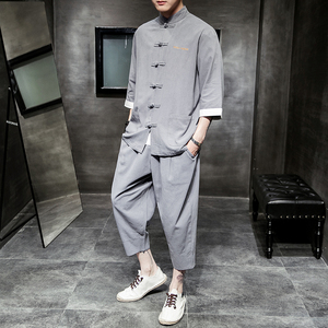 A718*初秋 2021 棉麻盘扣七分袖开衫T汉服套装p100图片