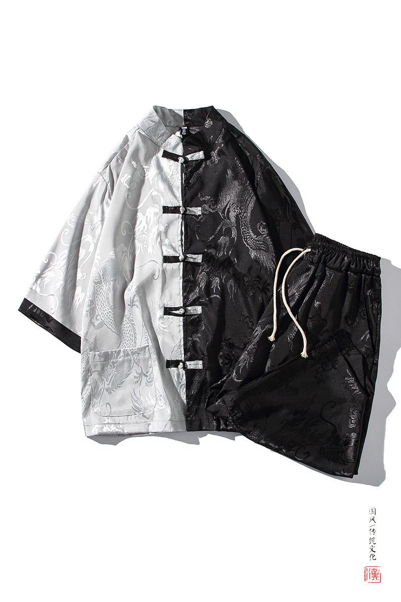 A3019*大码新品2021中国风提花大龙面料冰丝盘扣汉服套装p90,男装休闲套装,钱塘7008(原4008)