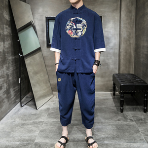 A733*夏款主推2021大码中国风 刺绣款 棉麻盘扣 汉服套装p100图片