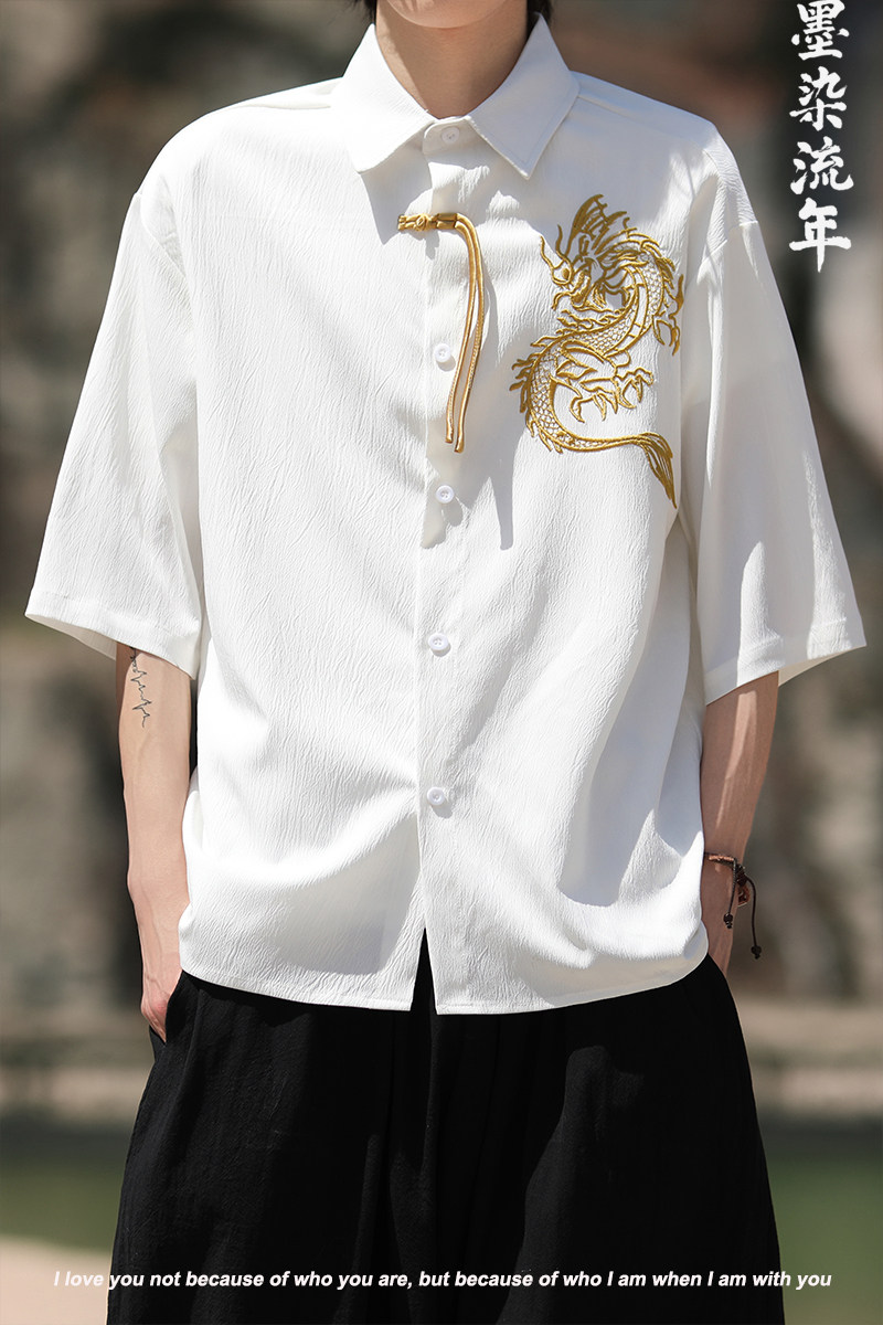 爆3色龙刺绣防皱冰丝夏2025风汉服短袖衬衫/衬衣A818-p68,男装T恤,钱塘7008(原4008)