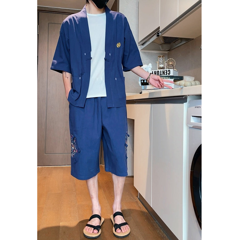 新夏2025大码风刺绣款开衫套装汉服套装A730*p100,男装休闲套装,钱塘7008(原4008)