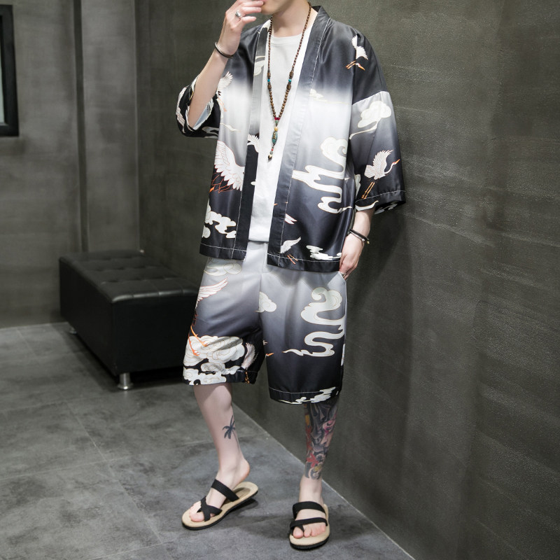 A3028*大码2021中国风 2色仙鹤 沙滩休闲 冰丝面料 汉服套装p80图片