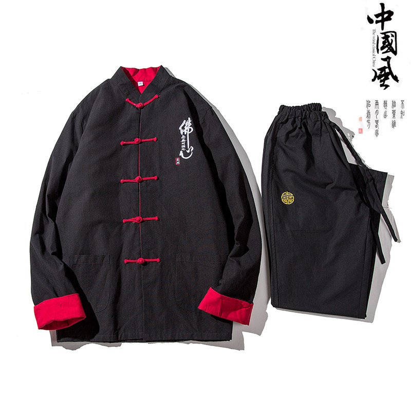 F02中国风2021秋冬新品刺绣佛盘扣汉服套装男P105,男装民族服装,钱塘7008(原4008)