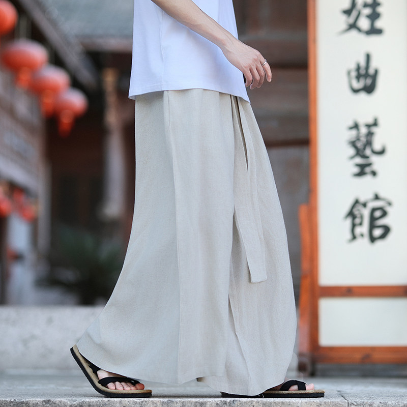 亚麻2026春新中式祥云刺绣宽松版阔腿裤长裤休闲裤A102-p70,男装休闲裤,钱塘7008(原4008)