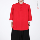 7色跑量2025风夏季云朵感盘扣男汉服短袖T恤A8007-p40，男装T恤，钱塘7008(原4008)