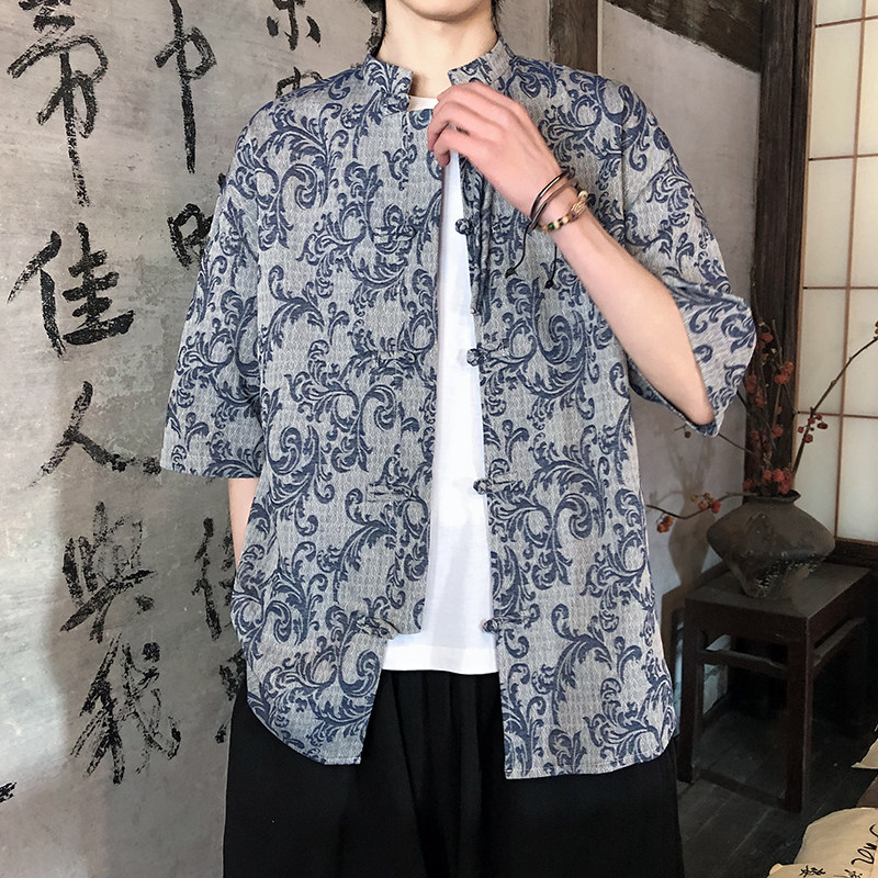 新品夏2026提花3色风汉服短袖衬衫/衬衣A672-p65,男装T恤,钱塘7008(原4008)