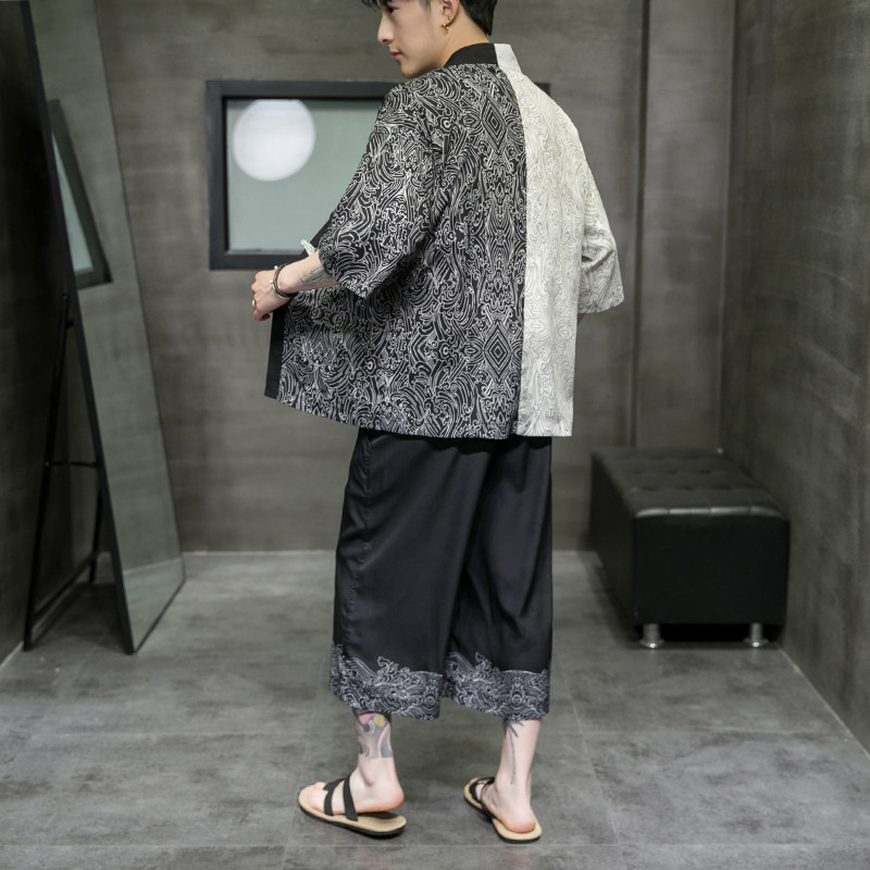 A3017*大码2021中国风对拼色数码冰丝开衫/汉服套装p90，男装休闲套装，钱塘7008(原4008)