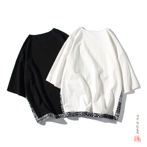 A3013中国风2021夏新品 八角花拼色 人心齐 圆领假两件短袖T恤p50图片