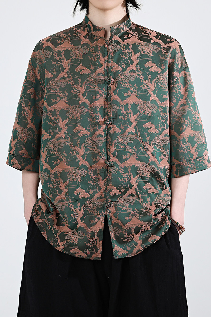 仙鹤提花夏季新品2026风汉服短袖衬衫/衬衣A678-p65,男装T恤,钱塘7008(原4008)