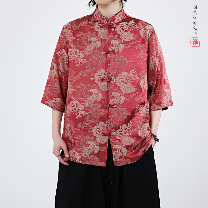 龙凤提花夏季新品2025风汉服短袖衬衫/衬衣A676-p65,男装衬衫,钱塘7008(原4008)