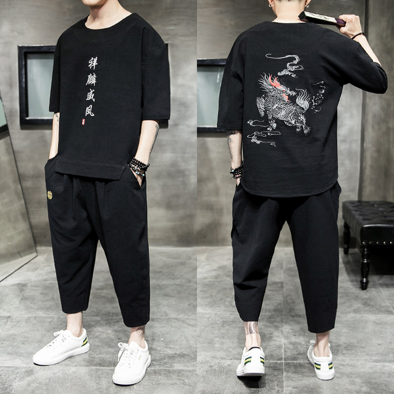 风2026夏龙刺绣棉麻T恤+七分裤套装A722-P90,男装牛仔裤,钱塘7008(原4008)