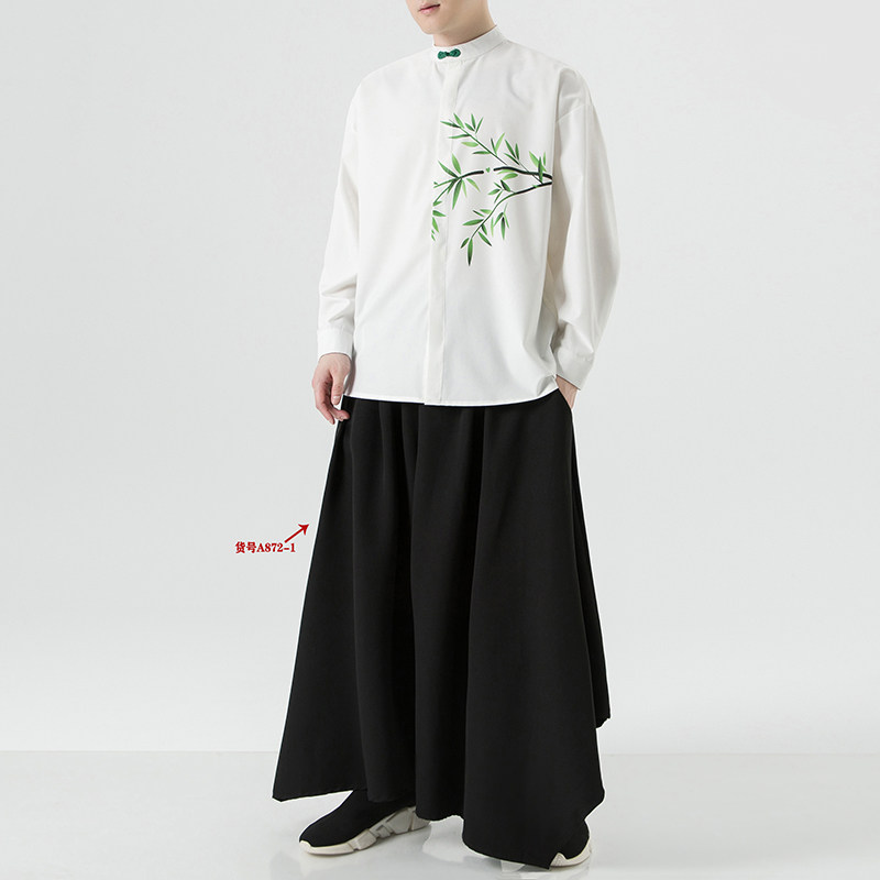 2026春竹子印花新中式婚礼绸缎盘扣长袖衬衫A906*P68,男装衬衫,钱塘7008(原4008)