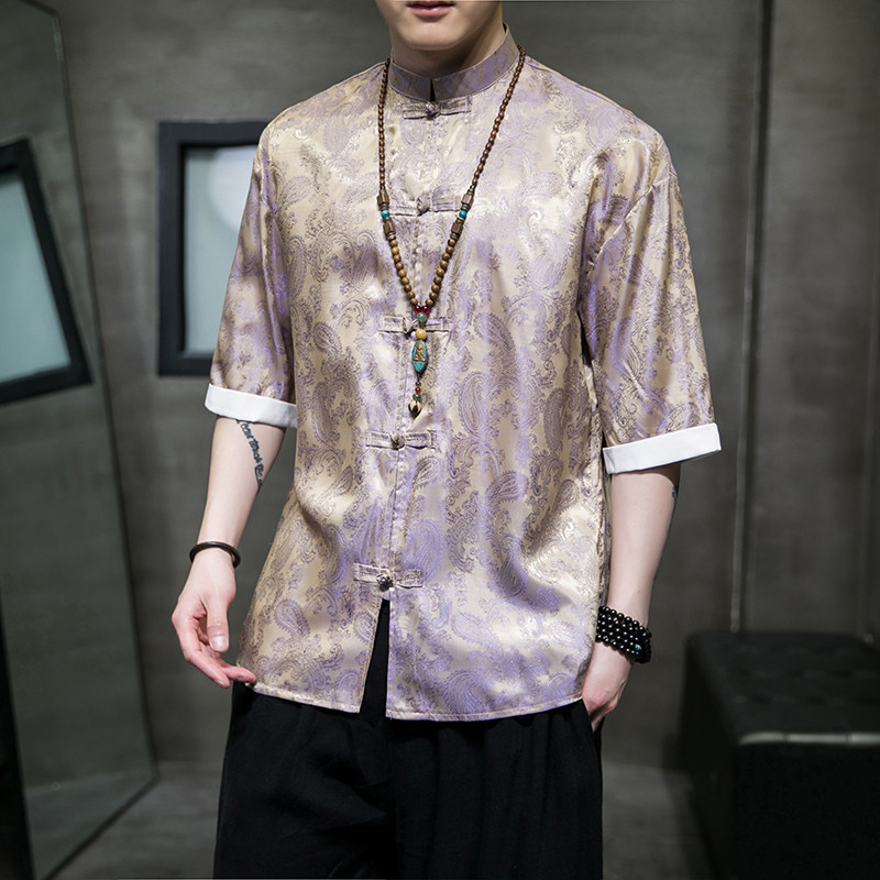 跑量夏2026红色冰丝5色风汉服短袖衬衫/衬衣A867-p48,男装T恤,钱塘7008(原4008)