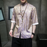 跑量夏2026红色冰丝5色风汉服短袖衬衫/衬衣A867-p48，男装T恤，钱塘7008(原4008)