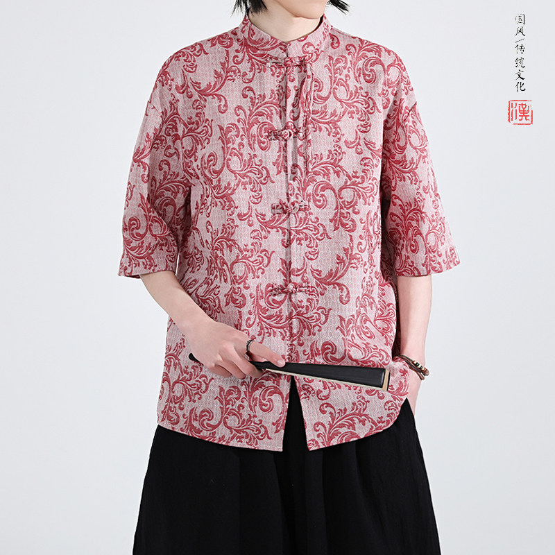 新品夏2025提花3色风汉服短袖衬衫/衬衣A672-p65,男装衬衫,钱塘7008(原4008)