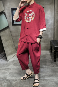 A733*夏季2021大码中国风 刺绣款 棉麻盘扣 汉服套装p100图片