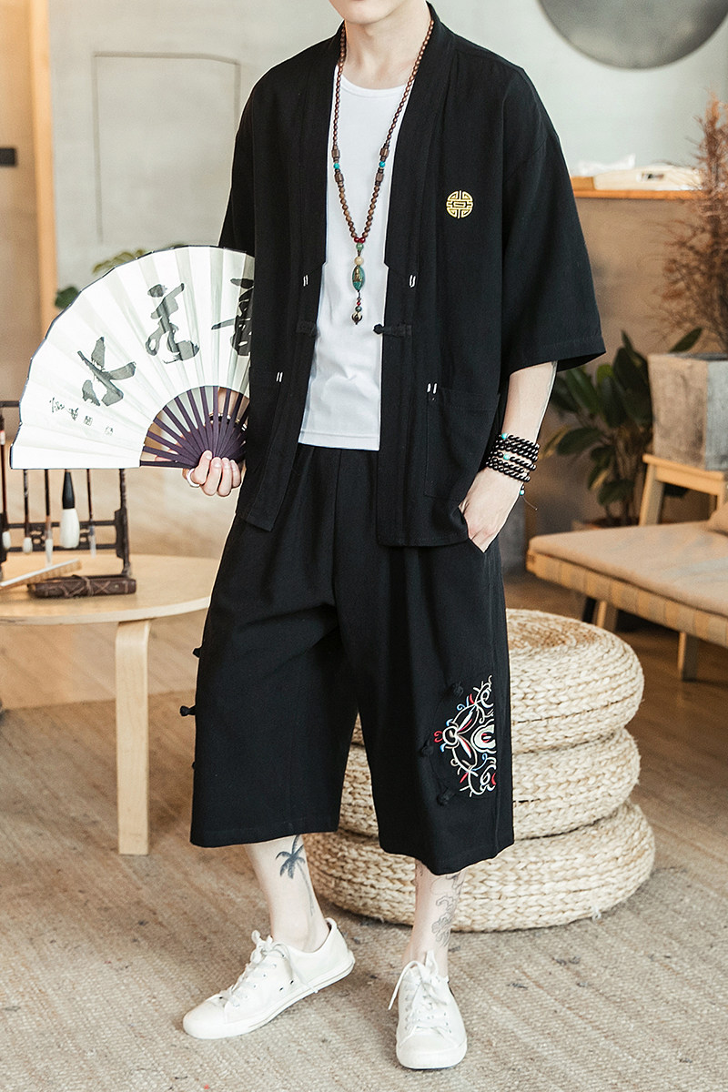 A730*咖啡厅男装2021大码中国风刺绣开衫套装汉服套装p100,男装休闲套装,钱塘7008(原4008)