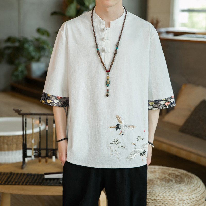 A3022咖啡厅中国风2021夏新品仙鹤刺绣盘扣设计短袖T恤p55,男装T恤,钱塘7008(原4008)